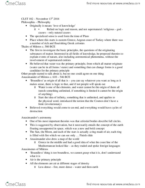 CLST 100 Lecture Notes - Lecture 21: Heraclitus thumbnail