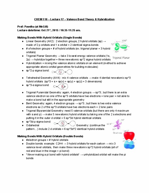 CHEM 110 Lecture Notes - Lecture 17: Atomic Orbital, Trigonal Planar Molecular Geometry, Valence Electron thumbnail