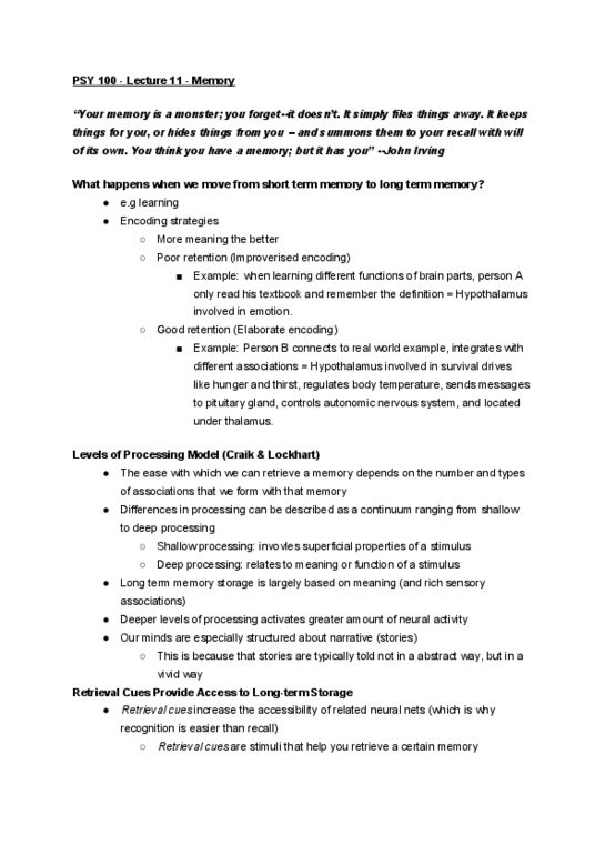 PSY100H1 Lecture Notes - Lecture 11: Classical Conditioning, Encoding Specificity Principle, Autonomic Nervous System thumbnail