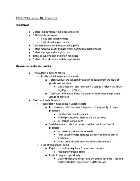 ECON 200 Lecture Notes - Lecture 16: Production Function, Variable Cost, Average Variable Cost thumbnail