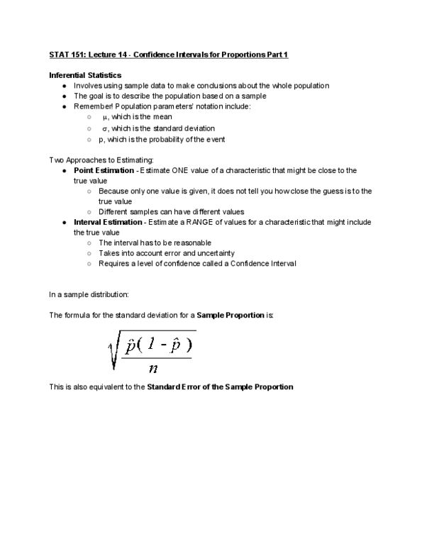 STAT151 Lecture Notes - Lecture 14: Point Estimation, Central Limit Theorem, Standard Deviation thumbnail