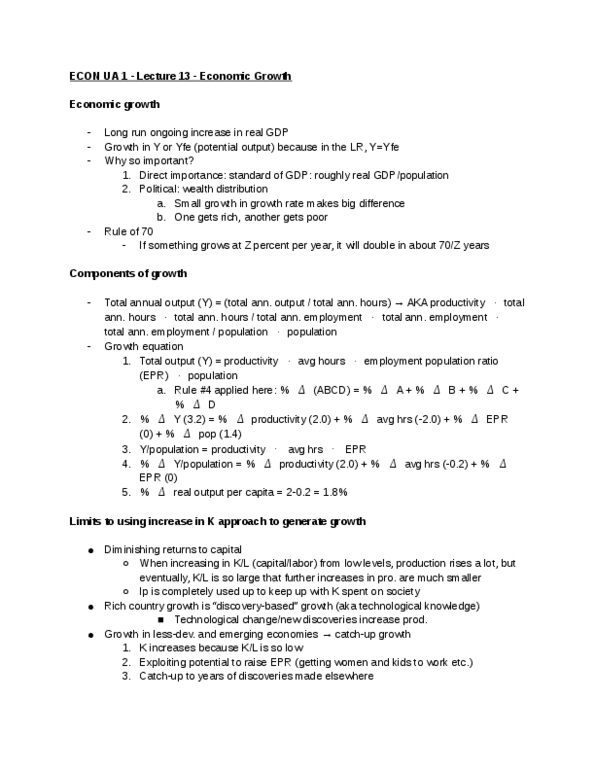 ECON-UA 1 Lecture Notes - Lecture 13: Potential Output, Diminishing Returns thumbnail