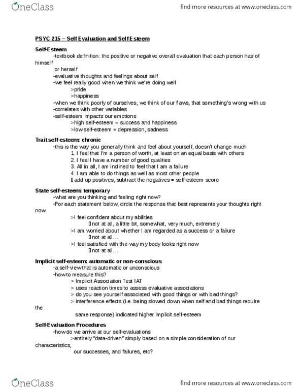 PSYC 215 Lecture Notes - Lecture 9: Implicit-Association Test, Social Comparison Theory thumbnail