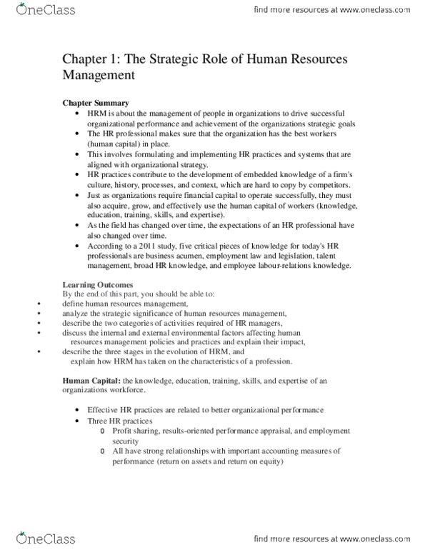 HRM200 Lecture Notes - Lecture 1: Absenteeism, Outsourcing thumbnail