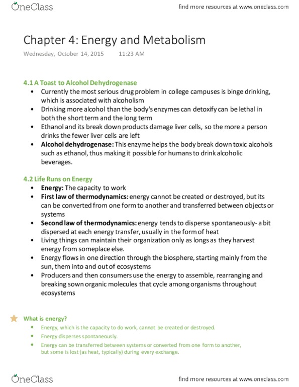 Biology 1225 Chapter Notes - Chapter 4: Tonicity, Alcohol Dehydrogenase, Metabolic Pathway thumbnail