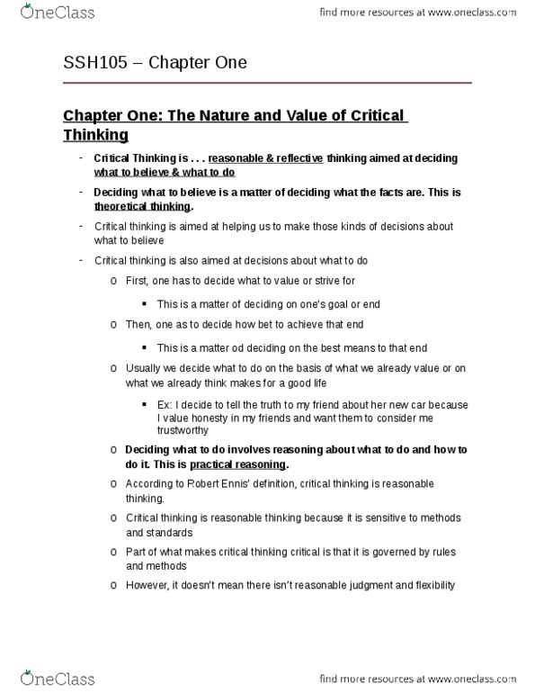 SSH 105 Chapter Notes - Chapter 1: Emic And Etic, Agnosticism, Critical Thinking thumbnail