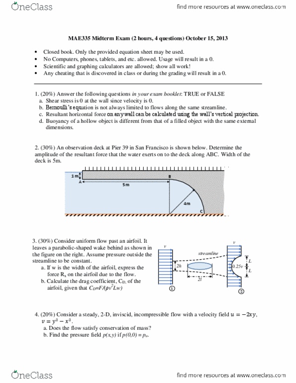 Mae 335 Study Guide Fall 15 Midterm Centroid Pressure Measurement Continuity Equation