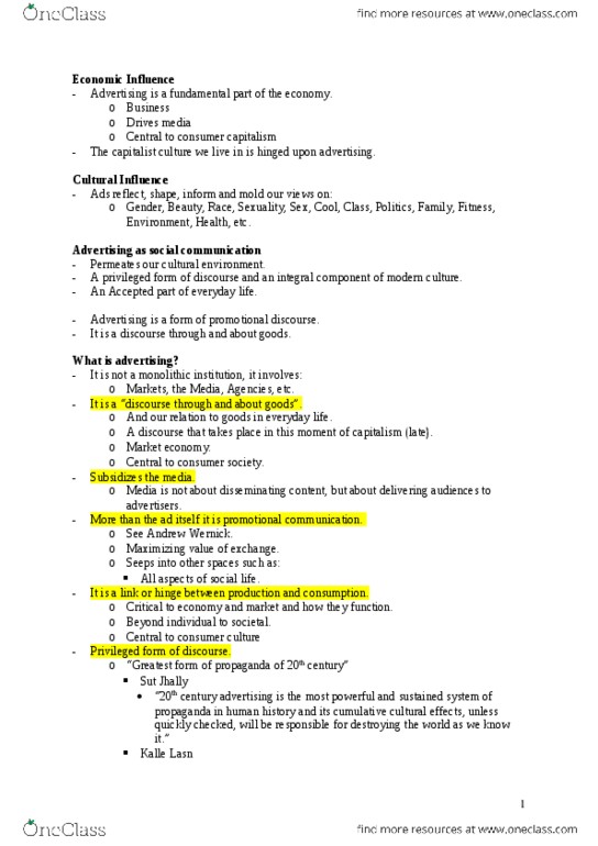 COMN 3700 Lecture Notes - Lecture 1: Patina, Raymond Williams, False Consciousness thumbnail