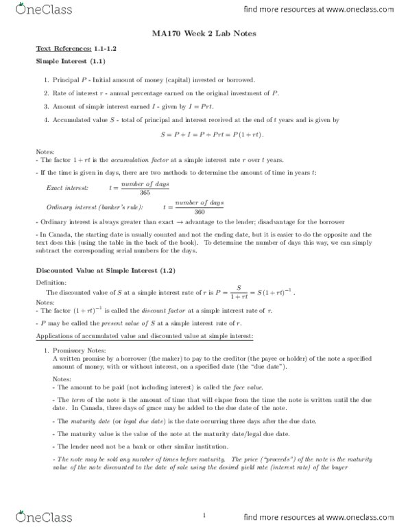 MA170 Lecture Notes - Lecture 2: Interest, Discounting thumbnail