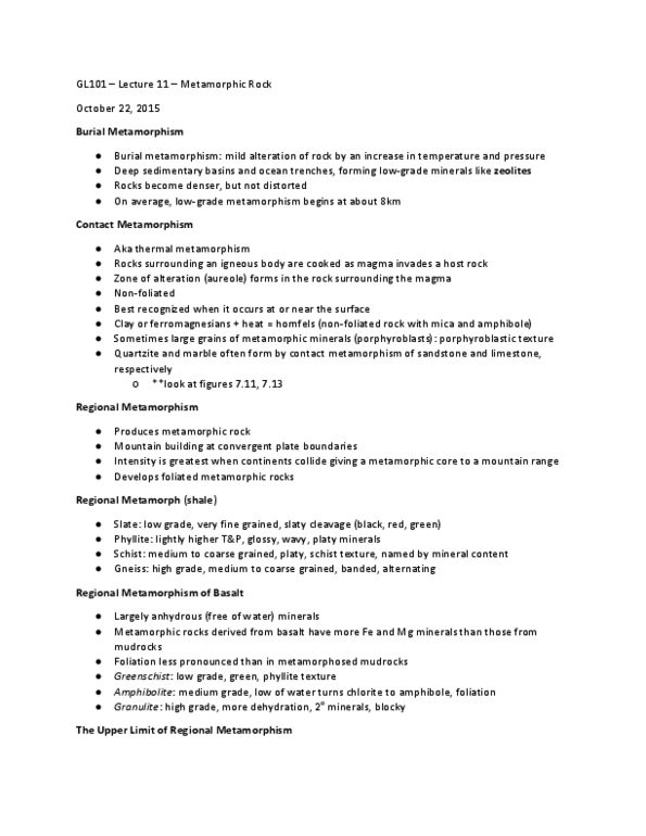 GL101 Lecture Notes - Lecture 11: Metamorphic Rock, Hornfels, Aureola thumbnail