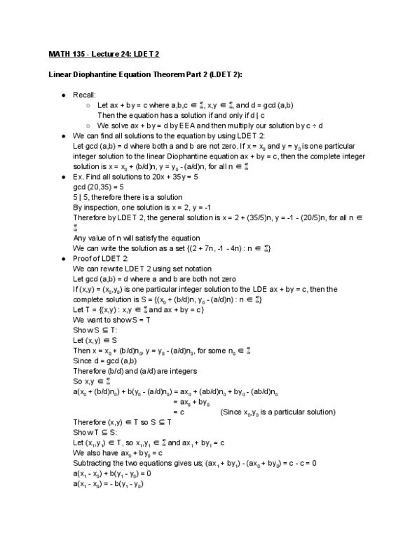 MATH135 Lecture Notes - Lecture 24: Diophantine Equation, Set Notation thumbnail