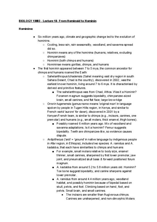 BIOLOGY 1M03 Lecture Notes - Lecture 18: Sterkfontein, Australopithecus Anamensis, Scapula thumbnail