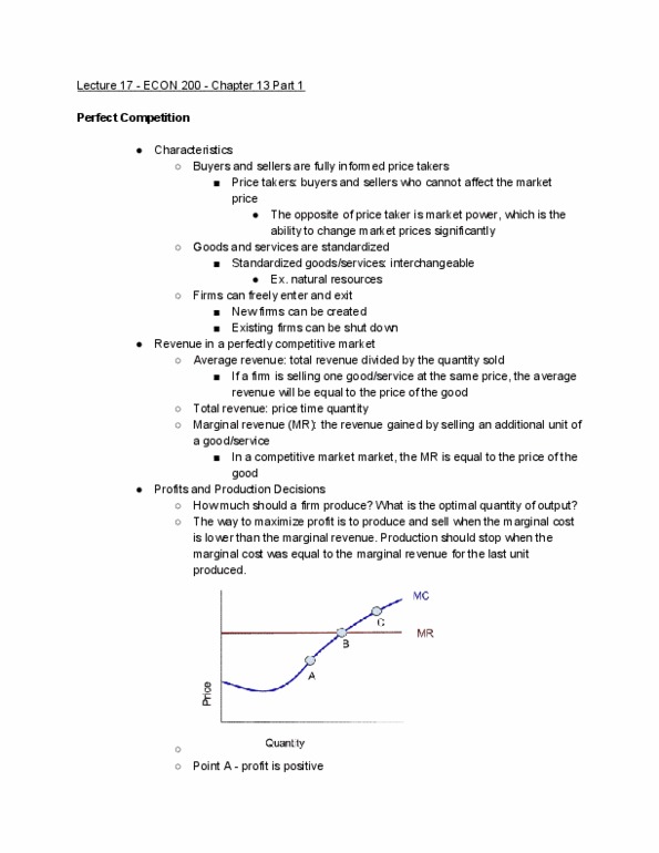 ECON 200 Lecture Notes - Lecture 17: Perfect Competition, Market Power, Takers thumbnail