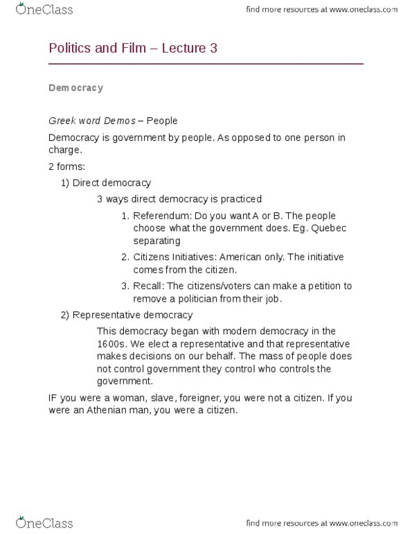 POL 128 Lecture Notes - Lecture 3: Representative Democracy, Direct Democracy thumbnail
