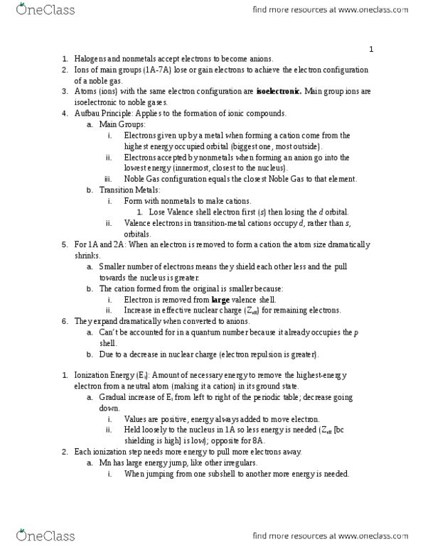 CHEM 101 Lecture Notes - Lecture 6: Ionic Compound, Electron Affinity, Valence Electron thumbnail