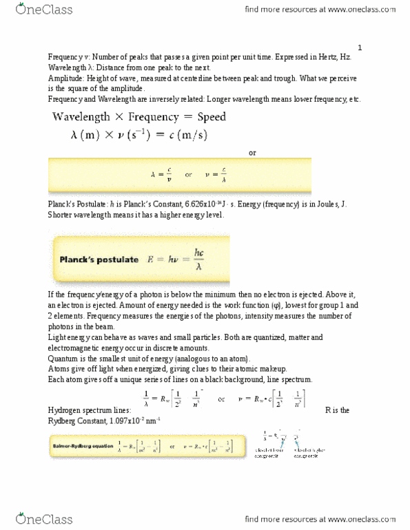 CHEM 101 Lecture Notes - Lecture 5: Rydberg Formula, Quantum Number thumbnail