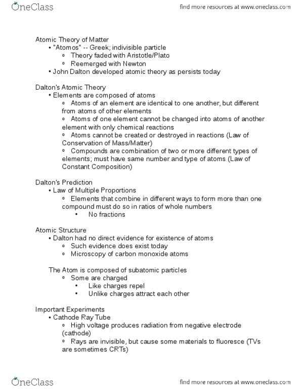 CHM 113 Lecture Notes - Lecture 2: Fluorescence, Cathode Ray Tube, Subatomic Particle thumbnail