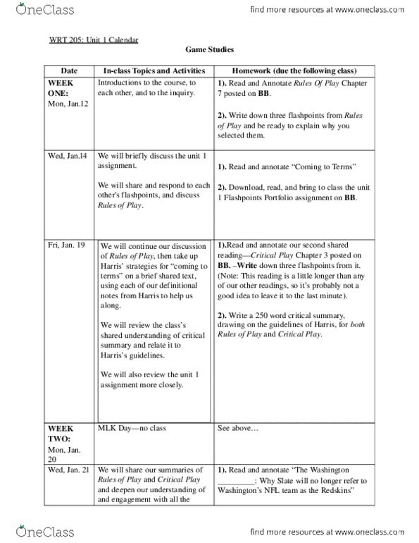 WRT 205 Lecture 4: Unit One Calendar Spring 2015(1) thumbnail