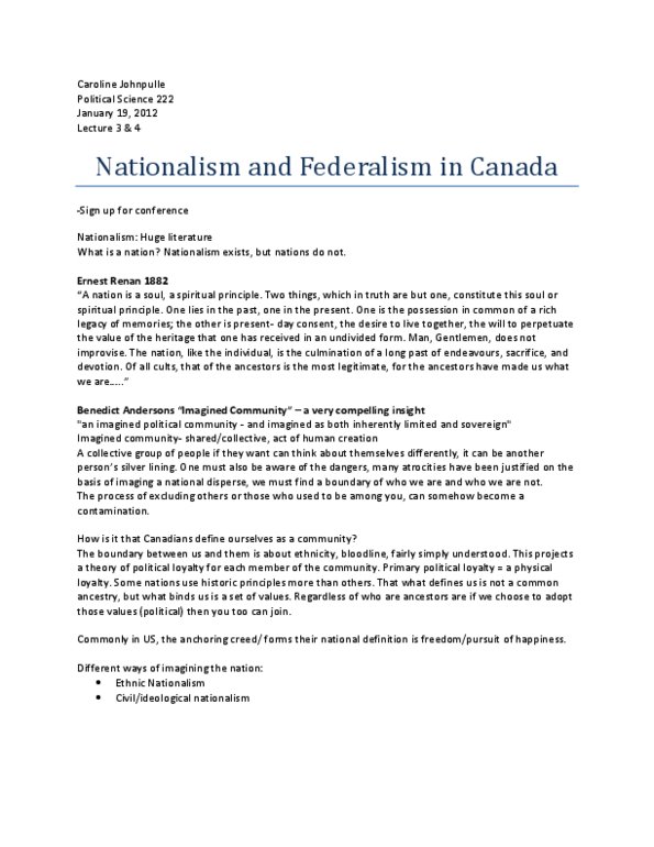 POLI 222 Lecture 3: Political Science 222 lecture 3.docx Nationalism and Federalism in Canada thumbnail