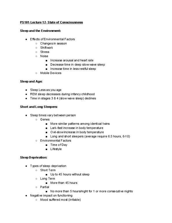 PS101 Lecture Notes - Lecture 12: Homeostasis, Sleep Deprivation, Wish Fulfillment thumbnail