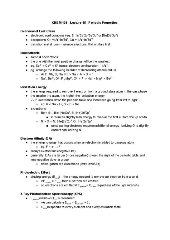 CHEM 121 Lecture Notes - Lecture 15: Atomic Radius, Electron Configuration, Transition Metal thumbnail