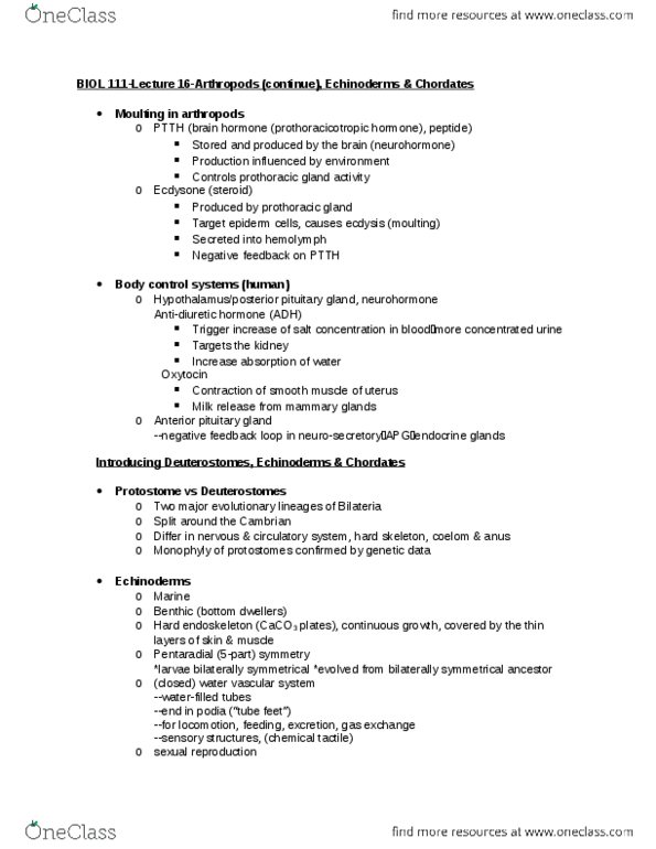 BIOL 111 Lecture Notes - Lecture 16: Moulting, Prothoracicotropic Hormone, Neurohormone thumbnail