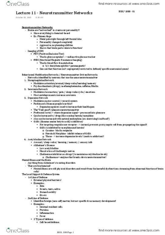 BIOL 1080 Lecture Notes - Lecture 11: Prefrontal Cortex, Paramagnetism, Neurotransmitter thumbnail