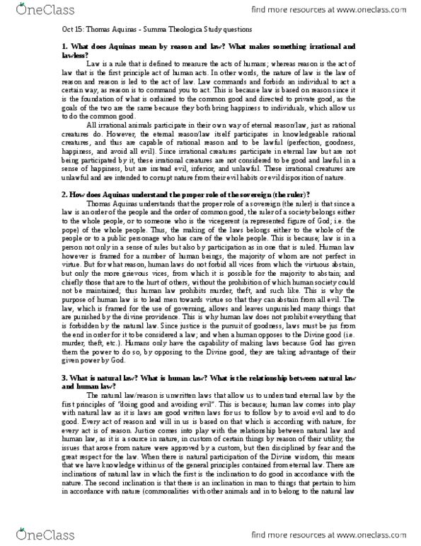 HUMA 1825 Chapter Notes - Chapter Thomas Aquinas: Summa Theologica, Vicegerent, Private Good thumbnail