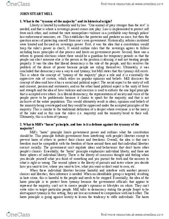HUMA 1825 Chapter Notes - Chapter JS Mill: John Stuart Mill, Liberal Democracy, Harm Principle thumbnail