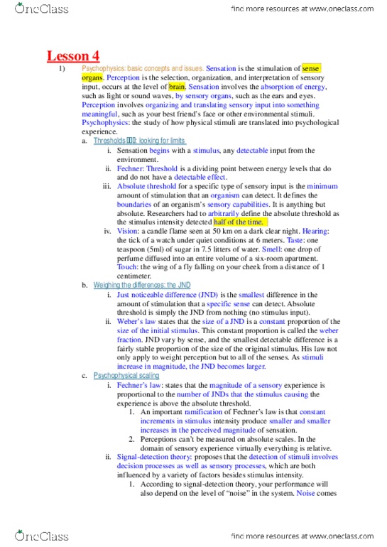 PS101 Lecture Notes - Lecture 5: Absolute Threshold, Neural Adaptation, Sensory System thumbnail