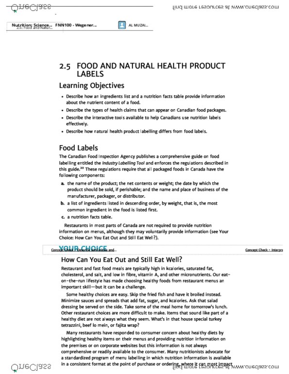 FNN 100 Chapter Notes - Chapter 2.5: Canadian Food Inspection Agency, Natural Health Product, Nutrition Facts Label thumbnail