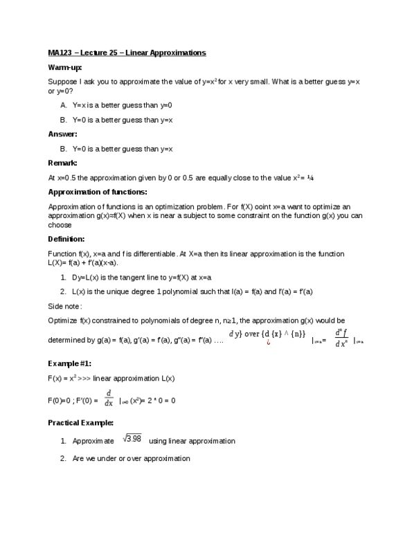 CAS MA 123 Lecture 25: Linear Approximations thumbnail