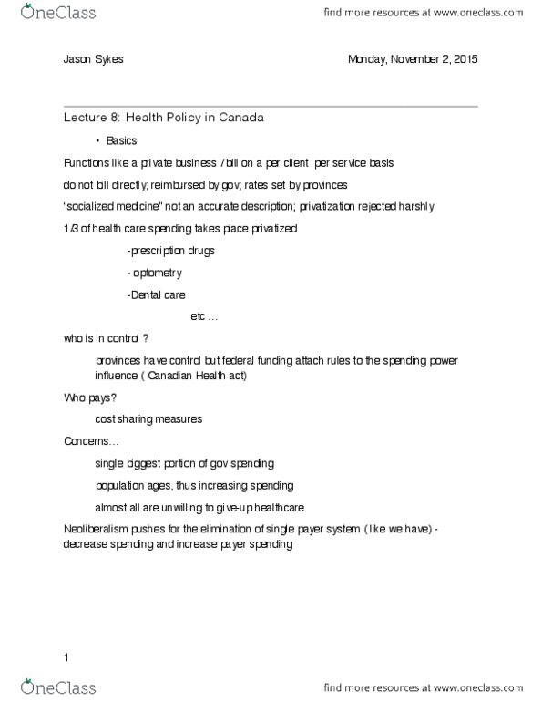 POLI 1P93 Lecture Notes - Lecture 8: Policy Debate, Socialized Medicine, Canada Health Act thumbnail