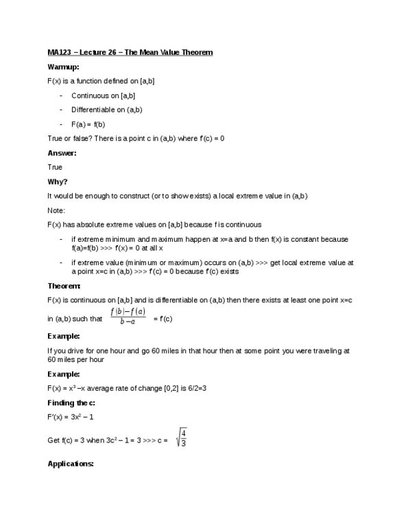 CAS MA 123 Lecture Notes - Lecture 26: Mean Value Theorem thumbnail