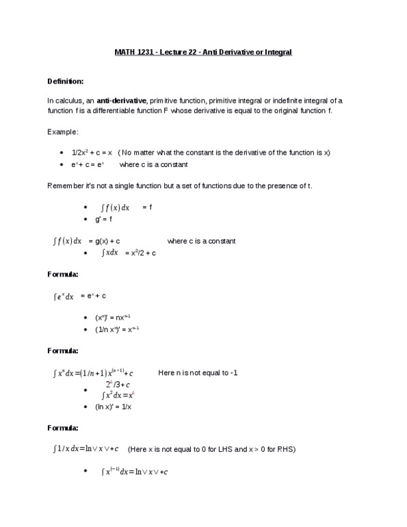 MATH 1231 Lecture Notes - Lecture 22: Differentiable Function, Antiderivative thumbnail