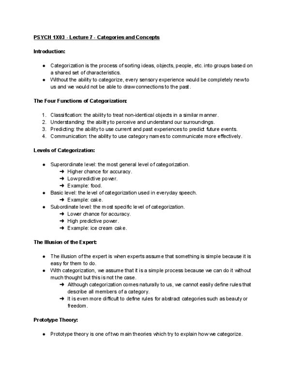 PSYCH 1X03 Lecture Notes - Lecture 7: Prototype Theory, Exemplar Theory, Ice Cream Cake thumbnail