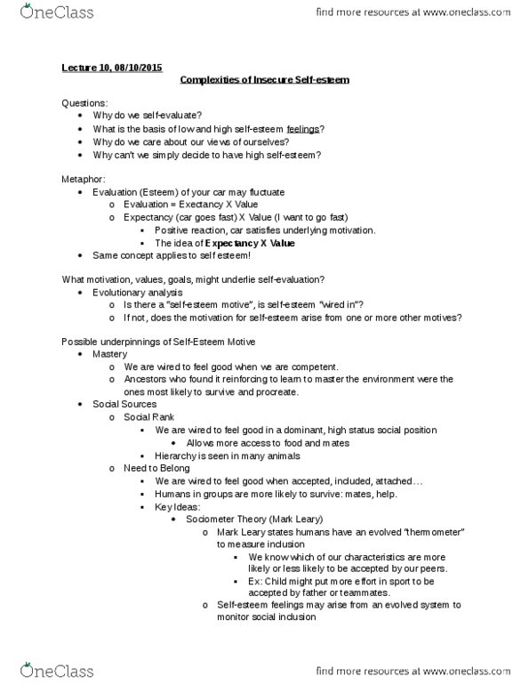 PSYC 215 Lecture Notes - Lecture 10: Mark Leary, Spreading Activation, Unconditionally thumbnail