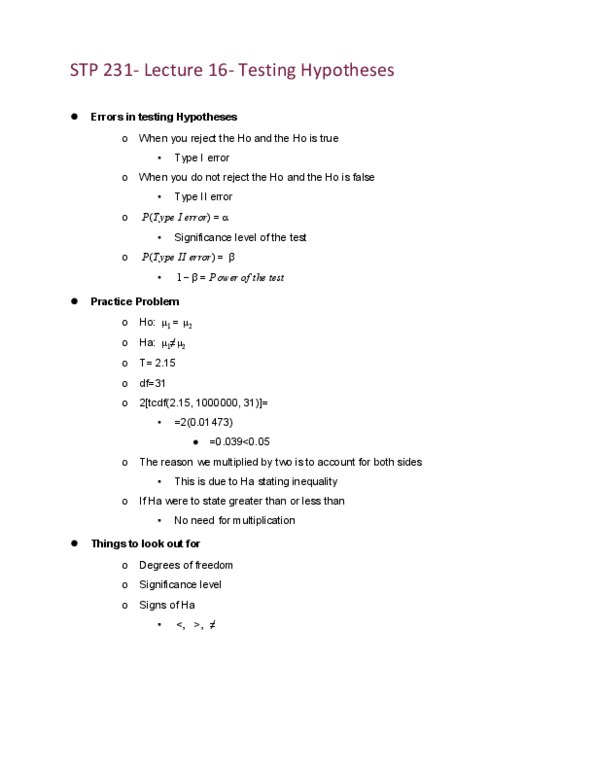 STP 231 Lecture Notes - Lecture 16: Type I And Type Ii Errors thumbnail