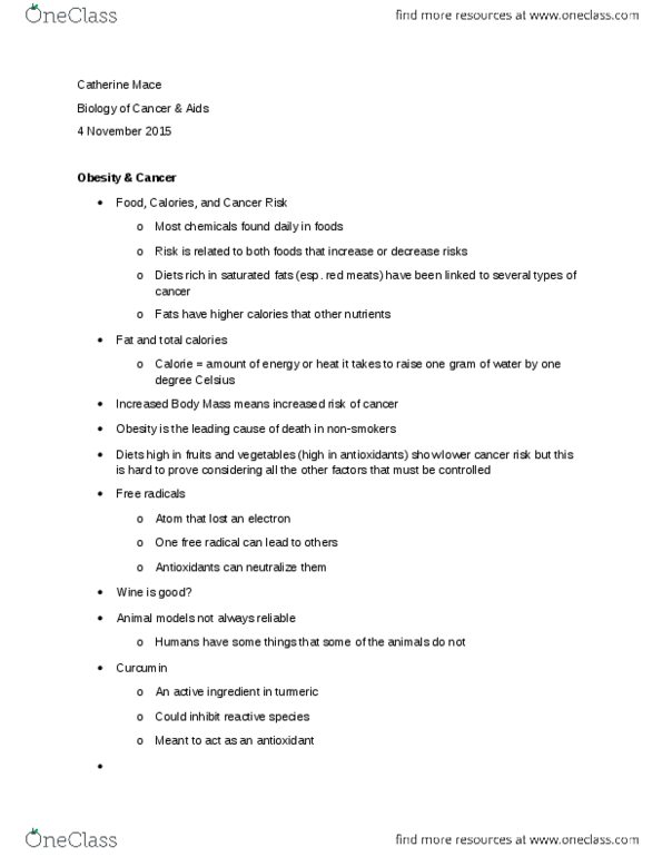 MICROBIO 160 Lecture Notes - Lecture 17: Curcumin, Calorie thumbnail