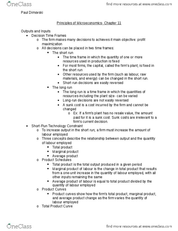 Economics 1021A/B Lecture Notes - Lecture 11: Average Variable Cost, Diminishing Returns, Variable Cost thumbnail