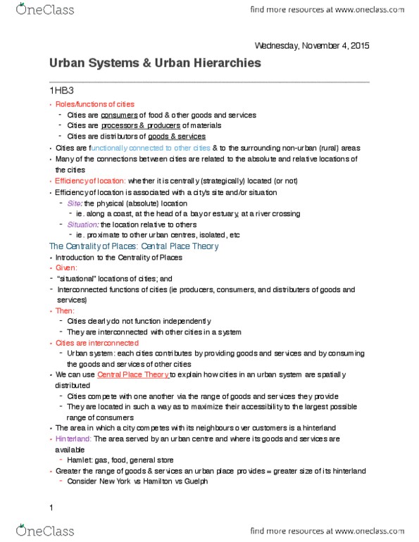 GEOG 1HB3 Lecture Notes - Lecture 15: Luxury Vehicle, Central Place Theory, Centrality thumbnail