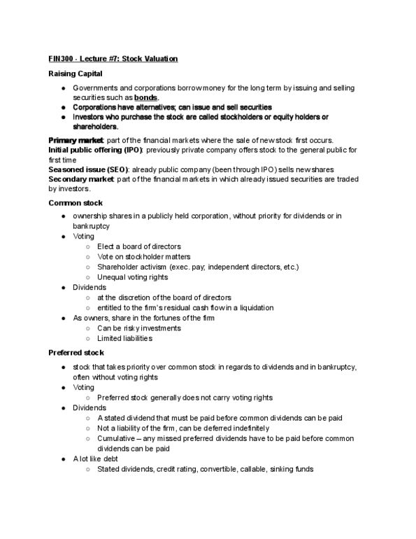 FIN 300 Lecture Notes - Lecture 7: Investment, Montreal Exchange, Dividend Yield thumbnail