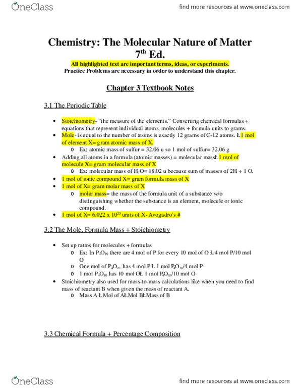 CHE 1110 Chapter Notes - Chapter 3: Barium Carbonate, Molar Mass, Ionic Compound thumbnail