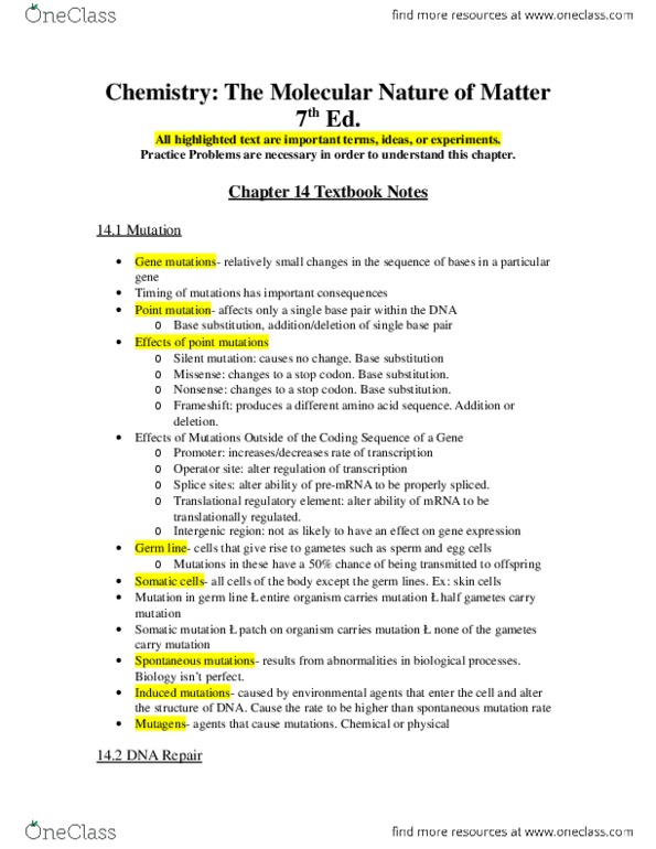 BIO 1070 Chapter Notes - Chapter 14: Point Mutation, Mutation Rate, Base Pair thumbnail