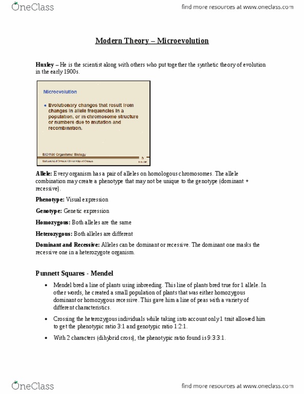 BIO 1130 Lecture Notes - Lecture 12: Disruptive Selection, Cladogenesis, Heterozygote Advantage thumbnail