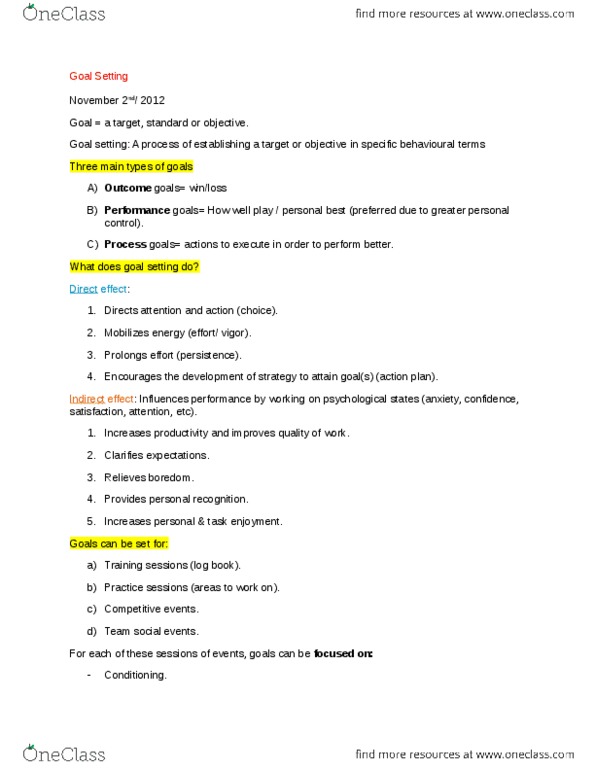 Kinesiology 1088A/B Lecture Notes - Lecture 17: Goal Setting thumbnail