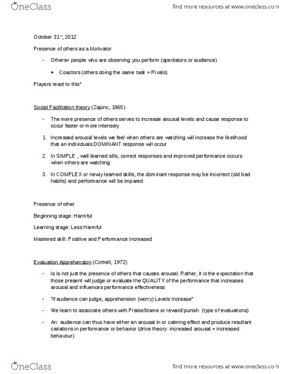 Kinesiology 1088A/B Lecture Notes - Lecture 10: Drive Theory thumbnail