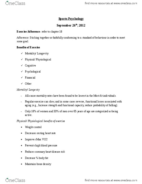 Kinesiology 1088A/B Lecture Notes - Lecture 5: Health Belief Model, Exercise Intensity, Coronary Artery Disease thumbnail