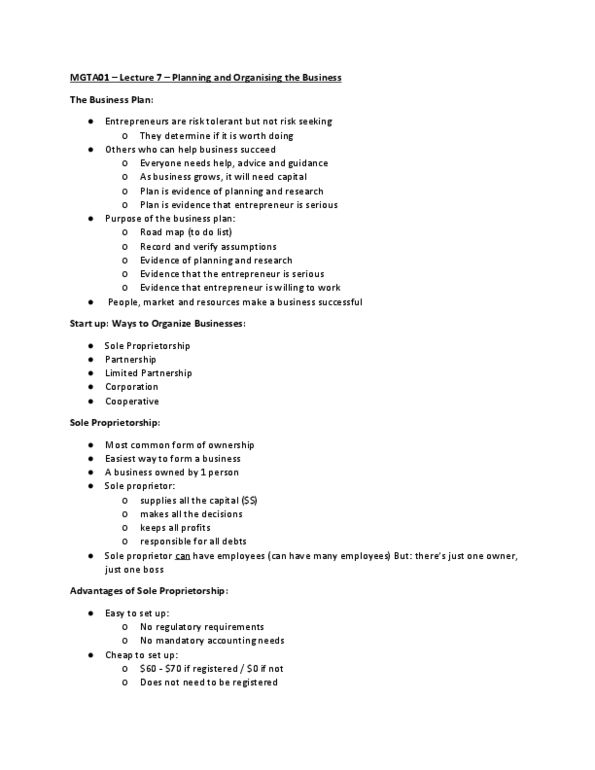 MGTA01H3 Lecture Notes - Lecture 7: Sole Proprietorship, General Partnership, Risk-Seeking thumbnail