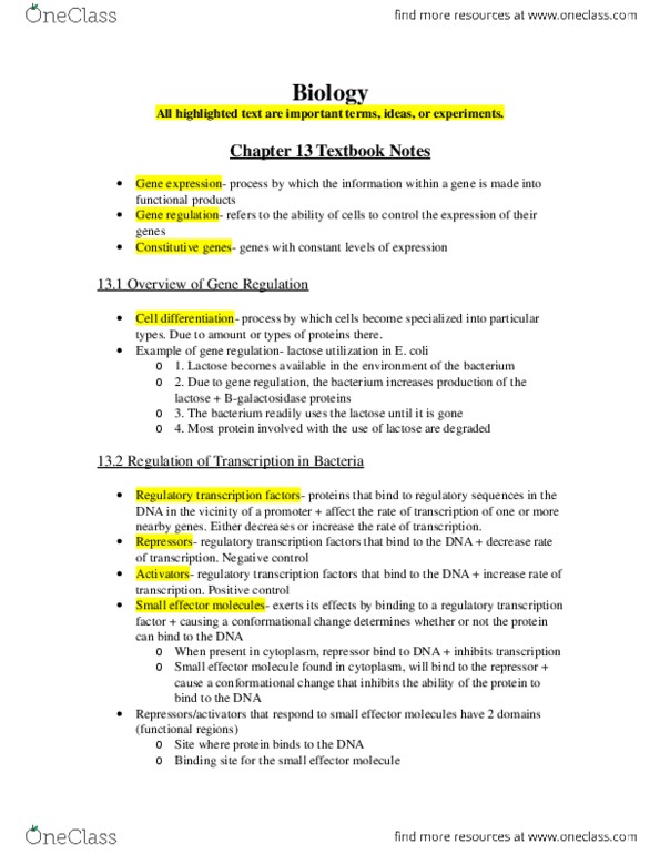 BIO 1070 Chapter Notes - Chapter 13: Catabolite Activator Protein, Cistron, Allolactose thumbnail